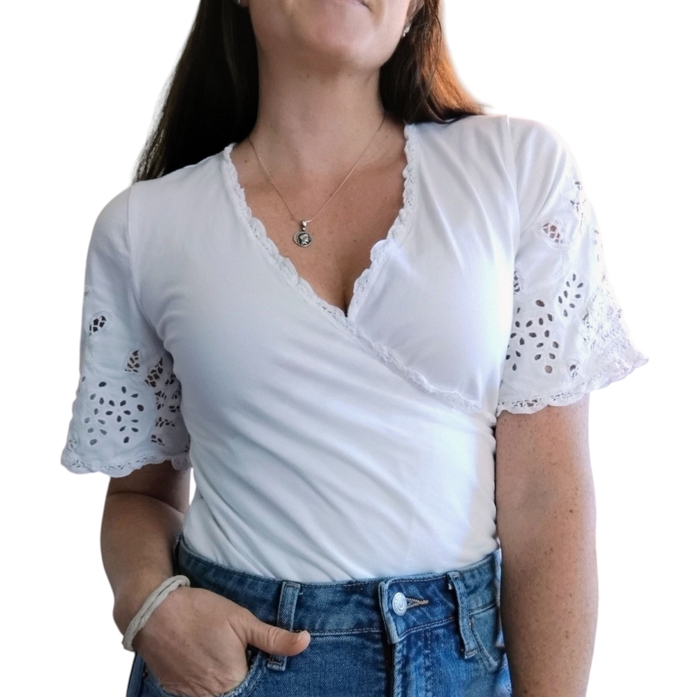 Lauren Ralph Lauren Faux Wrap Eyelet Top Womens PS White Cottagecore Peasant‎